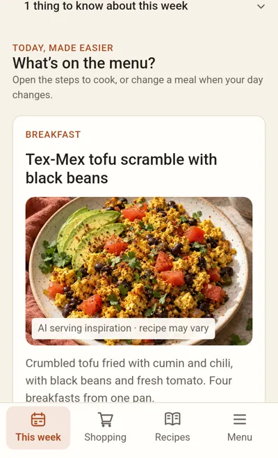 Squirrel's Today screen: the day's meals, each with the steps to cook it